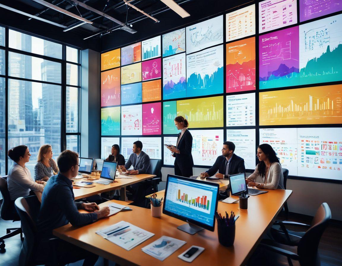 A lively scene depicting diverse professionals collaboratively brainstorming at a vibrant, modern workspace filled with colorful charts and digital screens showcasing customer engagement data. In the background, bright light filters through large windows, symbolizing inspiration and creativity. The atmosphere is dynamic and energetic, illustrating the passion behind innovative strategies for customer interaction. super-realistic. vibrant colors. modern design.