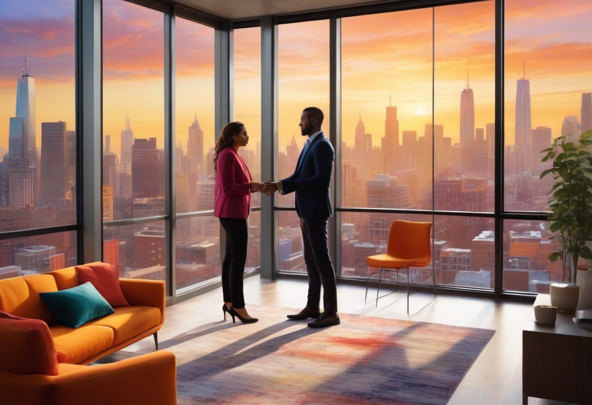 A warm, inviting scene depicting two professionals in a modern office setting, engaged in a friendly conversation, with gestures of affection like a handshake or a pat on the back. In the background, a vibrant city skyline is visible through large windows, symbolizing growth and collaboration. The color palette should evoke warmth and enthusiasm, capturing the essence of strong relationships. super-realistic. vibrant colors. modern style.