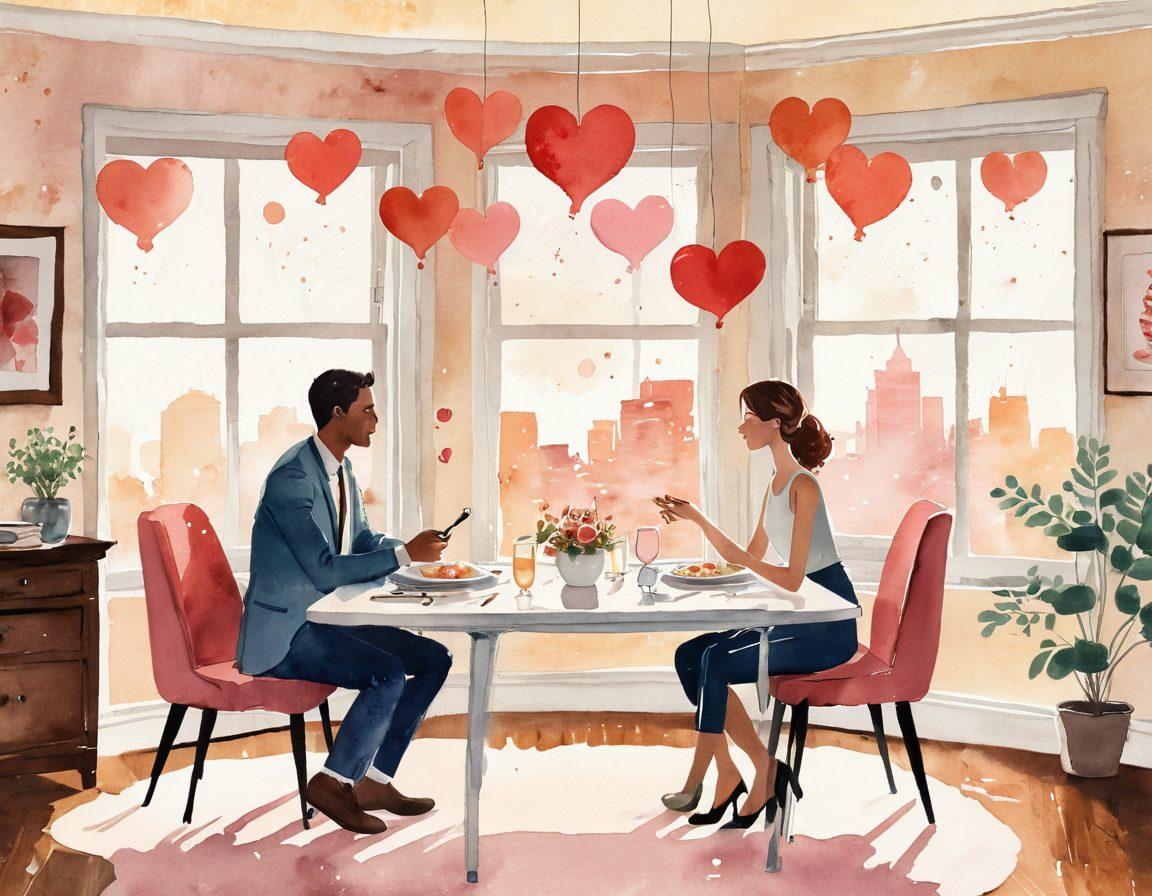 A whimsical illustration of a romantic dinner table set in a cozy office environment, with two people engaged in animated discussion, surrounded by heart-shaped dialogue bubbles symbolizing client communication. Soft lighting creates an inviting atmosphere, while a heart motif subtly integrated into the background signifies lasting loyalty. Watercolor style with warm tones.